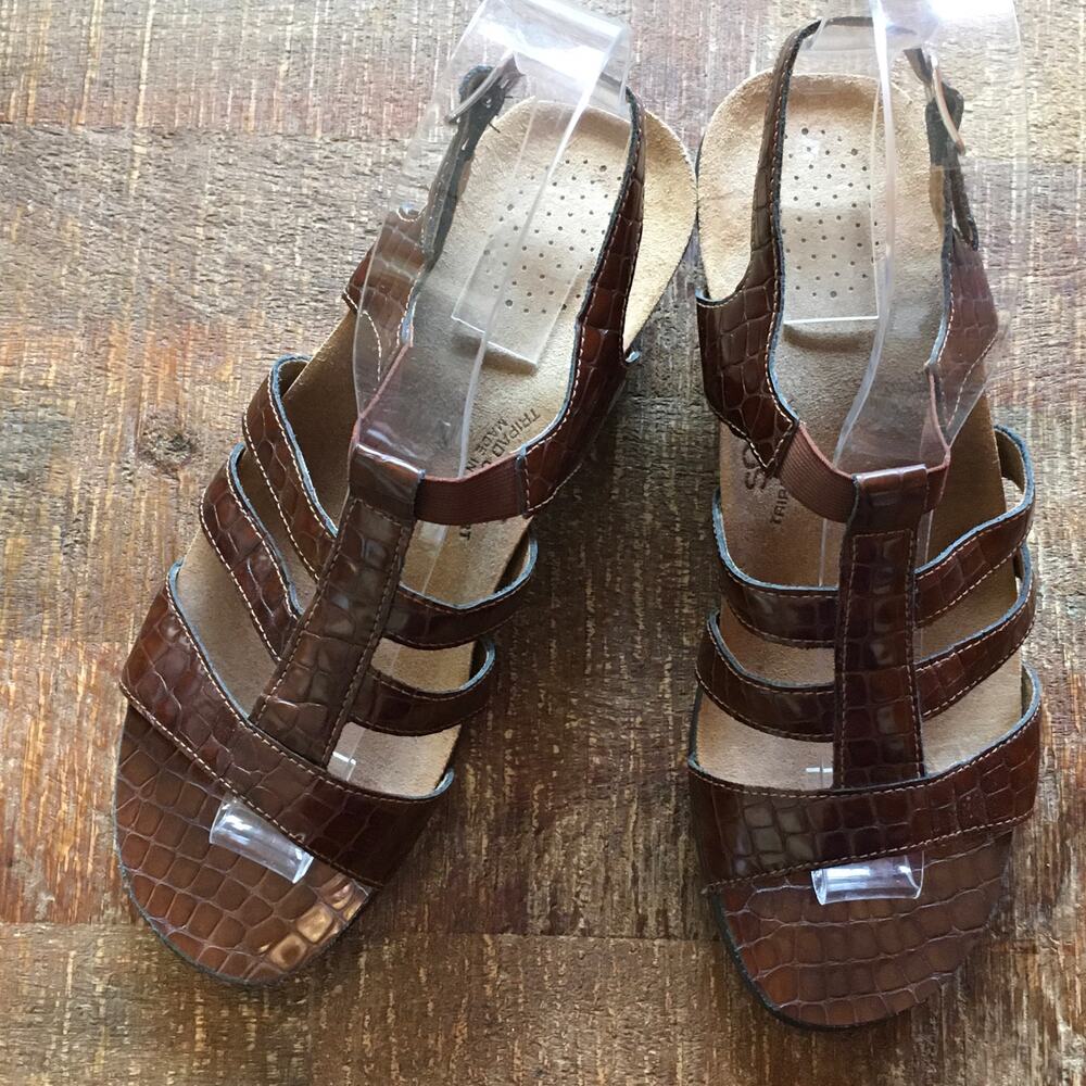 SAS Allegro Heel Strappy Sandal Womens 9 M Cognac Croc Brown Minimalist Staple - Picture 5 of 11